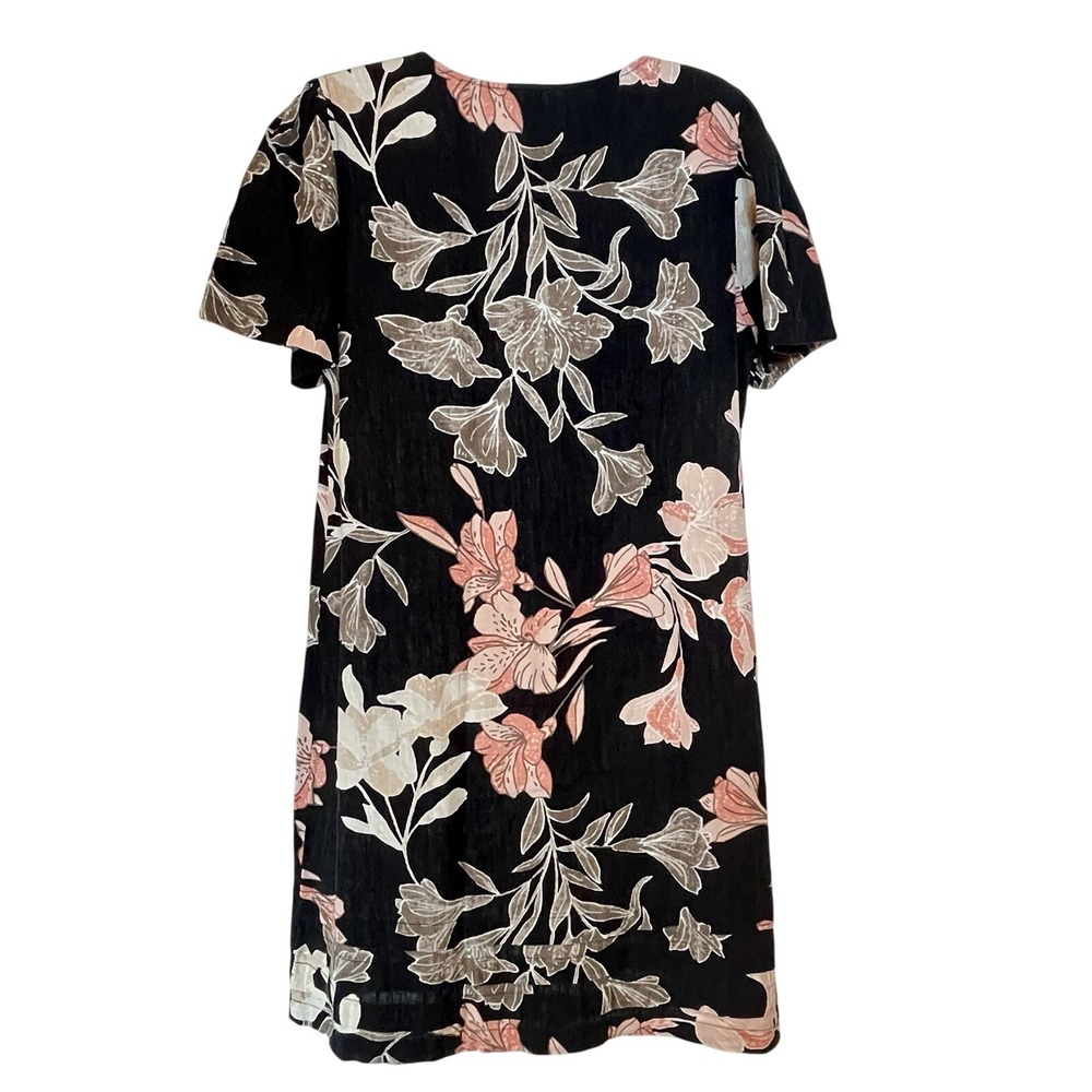 Nicole Miller Womens Linen Blend Black Pink Floral Sz M Short Sleeve Tiered Hem - Picture 2 of 8